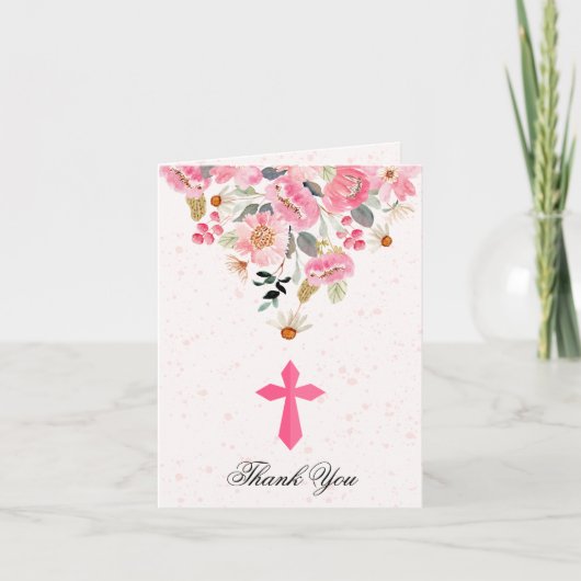 Girl First Communion Rosa floral geklappt Dankeskarte (Vorderseite)