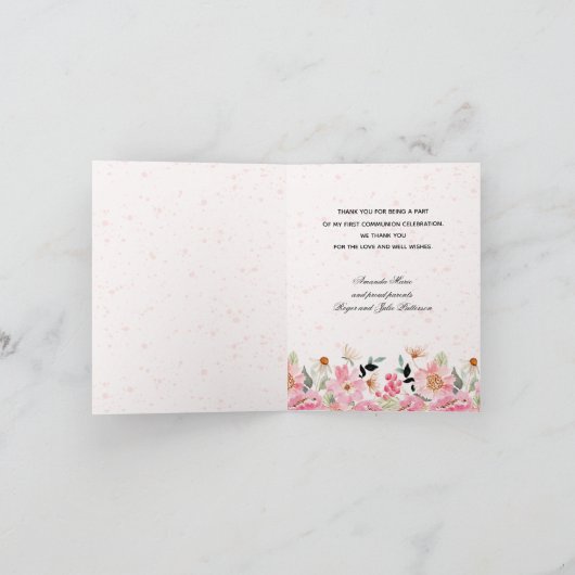 Girl First Communion Rosa floral geklappt Dankeskarte (Innenseite)