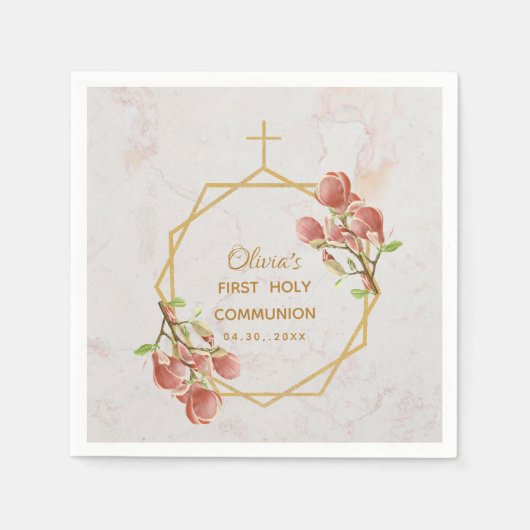 Girl First Communion Rosa Magnolia Gold Marmor Serviette (Vorderseite)