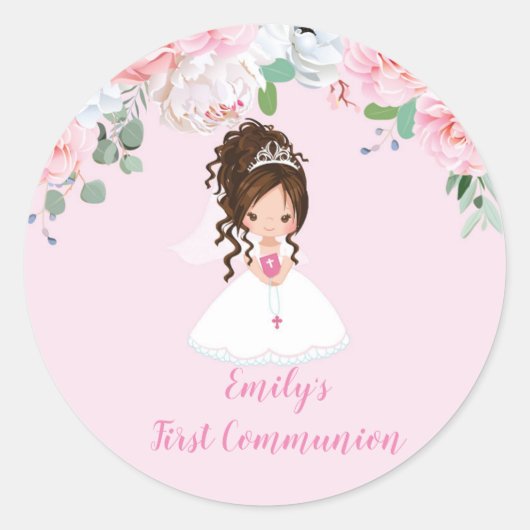 Girl First Communion Stickers, Brünett Updo Runder Aufkleber (Vorderseite)