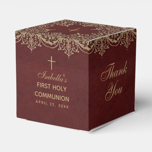 Girl First Communion Vintag Burgund Gold Elegante Geschenkschachtel (Rückseite)
