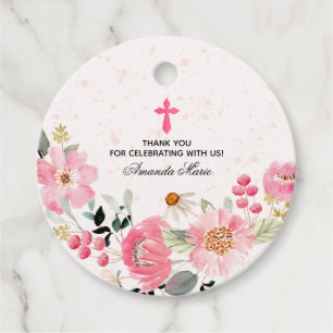Girl First Communion Watercolor Pink Floral Geschenkanhänger