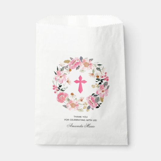 Girl First Communion Watercolor Pink Floral Geschenktütchen (Vorderseite)