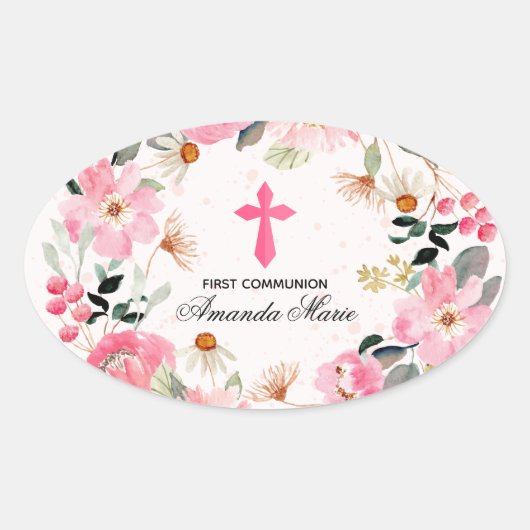 Girl First Communion Watercolor Pink Floral Ovaler Aufkleber (Vorderseite)