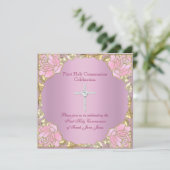 Girl First Heilige Kommune Rosa Gold Silber Kreuz  Einladung (Stehend Vorderseite)