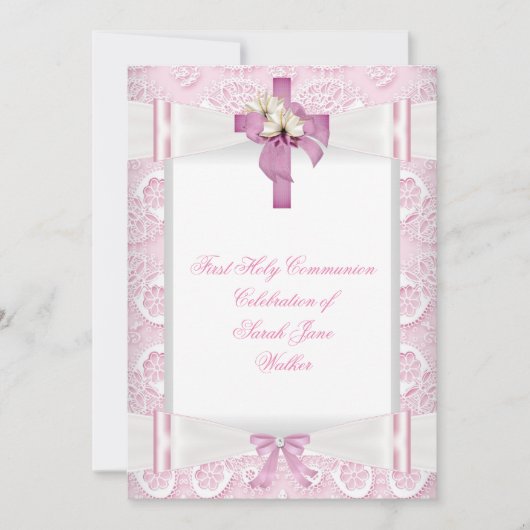 Girl First Heilige Kommunion Pink Lace Bow White 4 Einladung (Vorderseite)