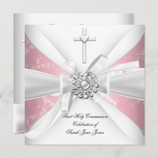 Girl First Heilige Kommunion Pink White Blossom Einladung (Vorne/Hinten)