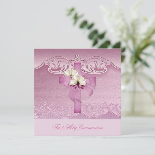 Girl First Heilige Kommunion Rosa Kreuz Einladung (Stehend Vorderseite)