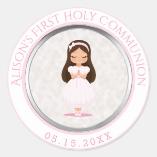 Girl First Heilige Kommunion Rosa Silber Runder Aufkleber