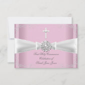 Girl First Heilige Kommunion Rosa Weißes Silber Einladung (Vorderseite)