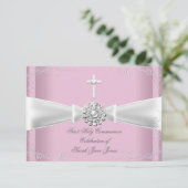 Girl First Heilige Kommunion Rosa Weißes Silber Einladung (Stehend Vorderseite)