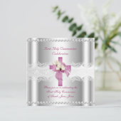 Girl First Heilige Kommunion Silver Lace Pink Pear Einladung (Stehend Vorderseite)