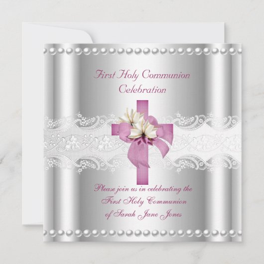 Girl First Heilige Kommunion Silver Lace Pink Pear Einladung (Vorderseite)