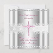 Girl First Heilige Kommunion Silver Lace Pink Pear Einladung (Vorderseite)