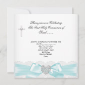 Girl First Holy Communion Aquamarines weißes Silbe Einladung (Rückseite)