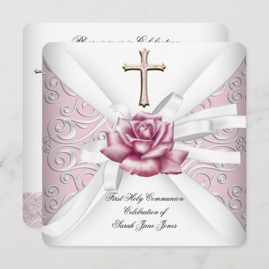 Girl First Holy Communion Damask Pink Rose White 2 Einladung (Vorne/Hinten)