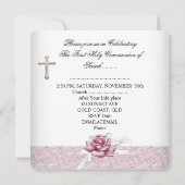 Girl First Holy Communion Damask Pink Rose White 2 Einladung (Rückseite)