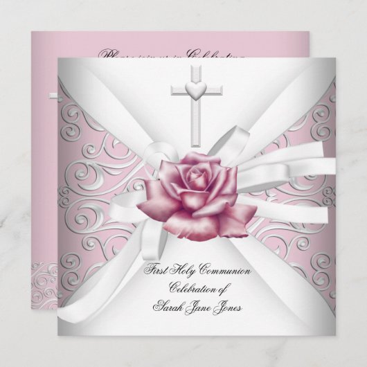 Girl First Holy Communion Damask Pink Rose White Einladung (Vorne/Hinten)