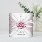 Girl First Holy Communion Damask Pink Rose White Einladung (Stehend Vorderseite)