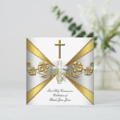 Girl First Holy Communion Gold White Floral 2 Einladung (Stehend Vorderseite)
