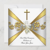 Girl First Holy Communion Gold White Floral 2 Einladung (Vorderseite)