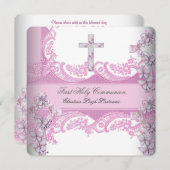 Girl First Holy Communion Hübsch Lace Pink Einladung (Vorne/Hinten)
