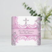 Girl First Holy Communion Hübsch Lace Pink Einladung (Stehend Vorderseite)