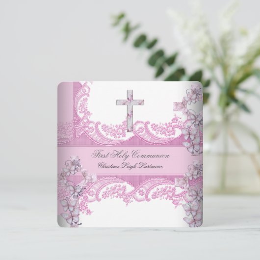 Girl First Holy Communion Hübsch Lace Pink Einladung (Stehend Vorderseite)