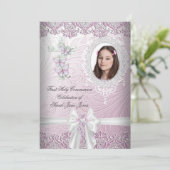 Girl First Holy Communion Hübsch Pink Foto Einladung (Stehend Vorderseite)