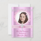Girl First Holy Communion Hübsch Pink Foto Einladung (Vorderseite)