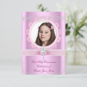 Girl First Holy Communion Hübsch Pink Foto Einladung (Stehend Vorderseite)