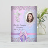 Girl First Holy Communion Hübsch Pink Foto Einladung (Stehend Vorderseite)