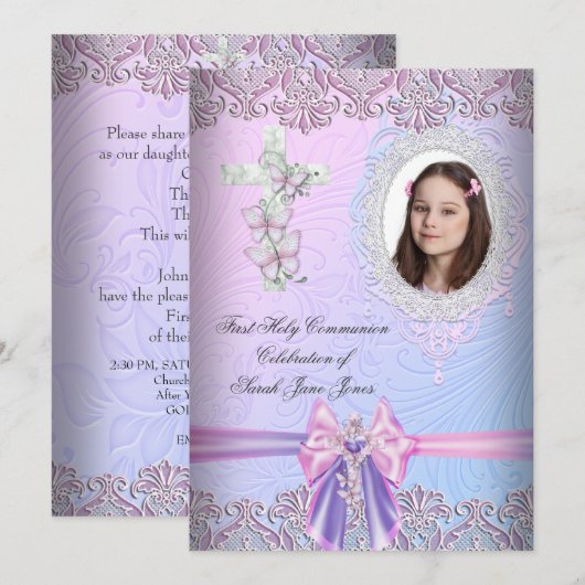 Girl First Holy Communion Hübsch Pink Foto Einladung (Vorne/Hinten)