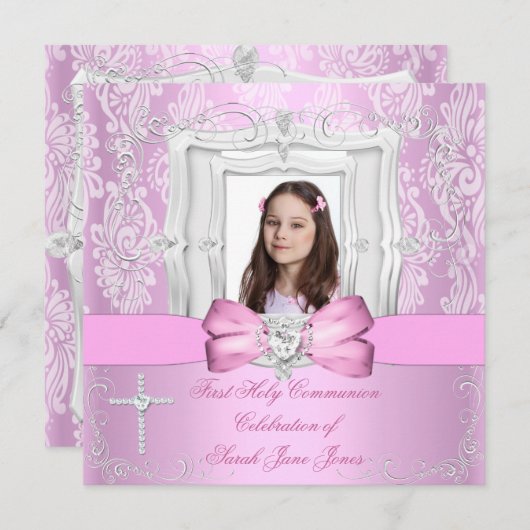 Girl First Holy Communion Hübsch Pink Foto Einladung (Vorne/Hinten)