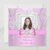 Girl First Holy Communion Hübsch Pink Foto Einladung (Vorderseite)
