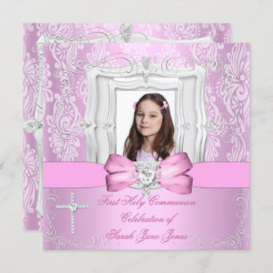 Girl First Holy Communion Hübsch Pink Foto Einladung