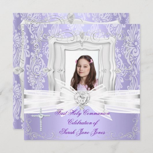Girl First Holy Communion Hübsches Lila Foto Einladung (Vorne/Hinten)