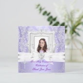 Girl First Holy Communion Hübsches Lila Foto Einladung (Stehend Vorderseite)