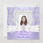 Girl First Holy Communion Hübsches Lila Foto Einladung (Vorderseite)