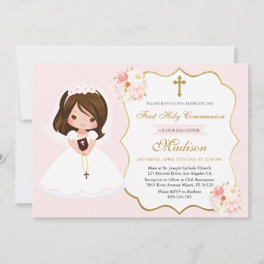Girl First Holy Communion Invitation Elegant Cute Einladung (Vorderseite)