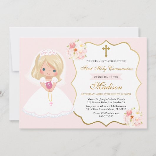 Girl First Holy Communion Invitation Soft Pink Einladung (Vorderseite)
