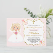 Girl First Holy Communion Invitation Soft Pink Einladung (Stehend Vorderseite)