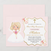Girl First Holy Communion Invitation Soft Pink Einladung (Vorne/Hinten)