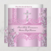 Girl First Holy Communion Lace Pink Einladung (Vorne/Hinten)