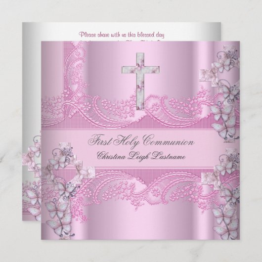 Girl First Holy Communion Lace Pink Einladung (Vorne/Hinten)