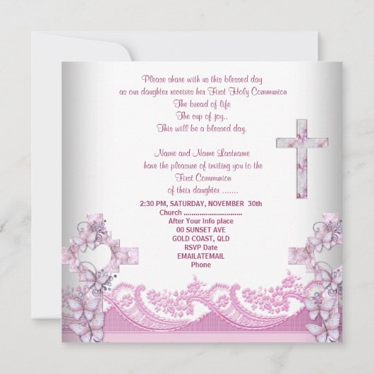 Girl First Holy Communion Lace Pink Einladung (Rückseite)
