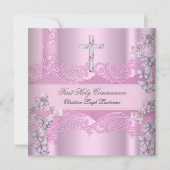 Girl First Holy Communion Lace Pink Einladung (Vorderseite)