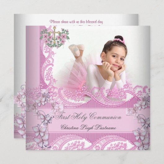 Girl First Holy Communion Lace Pink Foto Einladung (Vorne/Hinten)