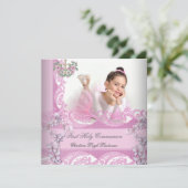 Girl First Holy Communion Lace Pink Foto Einladung (Stehend Vorderseite)