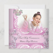 Girl First Holy Communion Lace Pink Foto Einladung (Vorderseite)